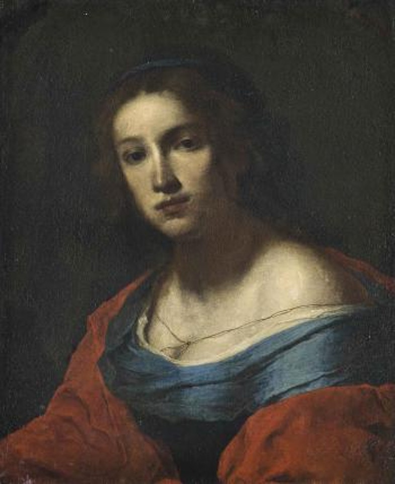 Portrait of a lady, bust-length, in a blue dress and red wrap by Giovanni Martinelli