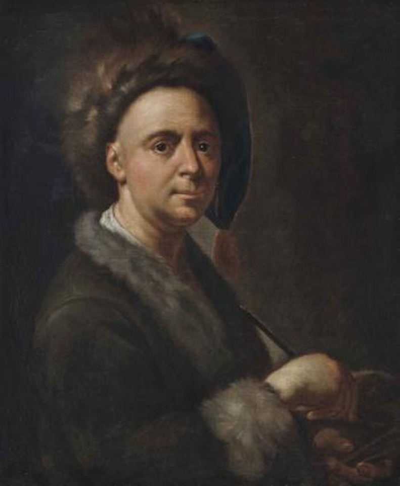 Portrait of the artist, half-length, in a fur-trimmed coat and cap, holding a brush in his right hand by Francesco Trevisani