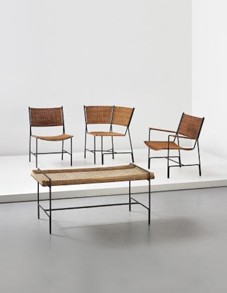 Panamaro group of three garden chairs and table by Mathieu Mategot