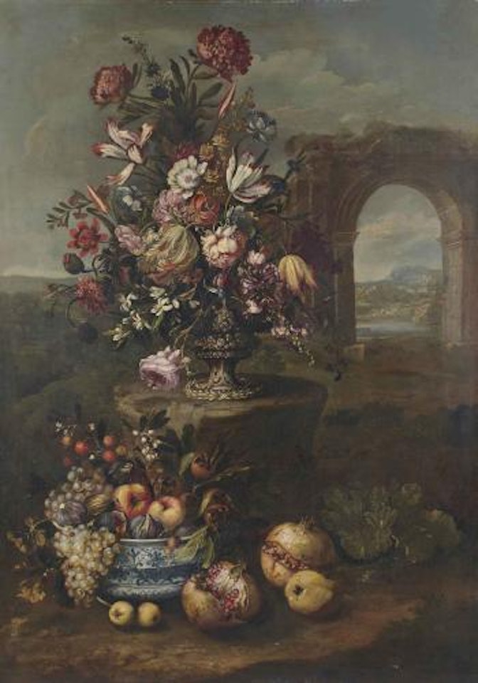 Vase de fleurs, fruits variés dans un plat, pommes et grenades dans un paysage by Franz Werner von Tamm
