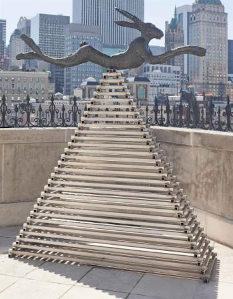Six foot leaping Hare on steel Pyramid by Barry Flanagan
