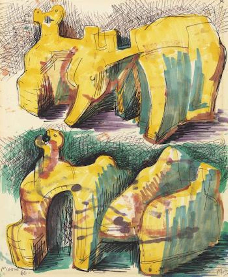 Two Yellow reclining Figures by Henry Moore