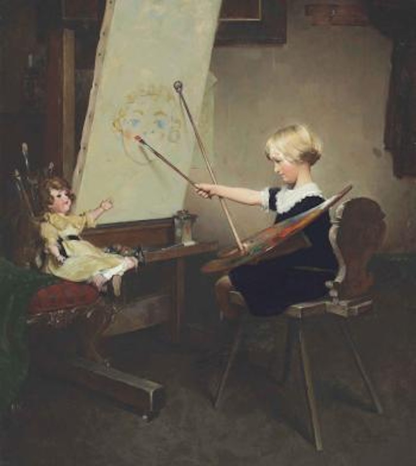 The Artist's Daughter (Little Girl with Palette at Easel) by Norman Rockwell
