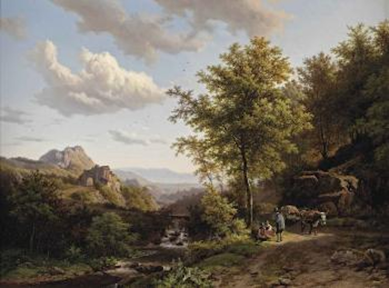 A summer landscape with figures resting near a stream by Barend Cornelis Koekkoek