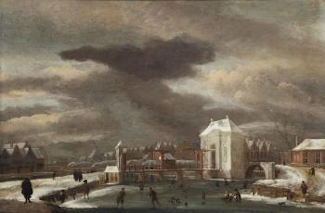 A winter landscape with a view of the Heiligewegpoort, Amsterdam, with figures skating on the Singel by Jan Van Kessel The Elder
