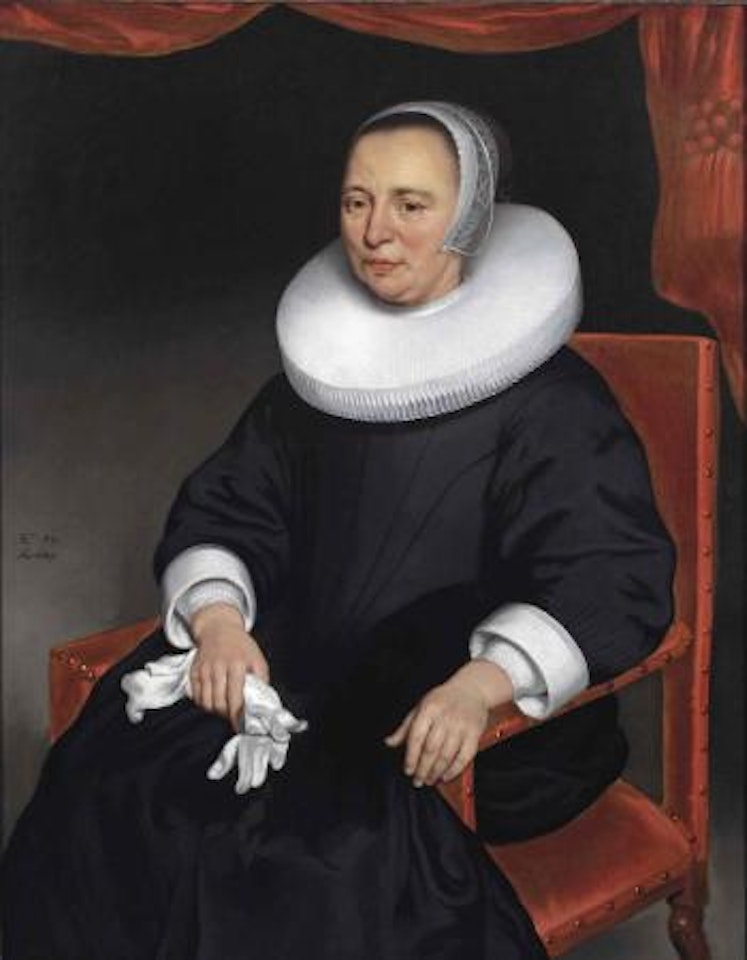Portrait of a lady, three-quarter-length, in a black dress and ruff, holding a pair of gloves in her right hand, before a draped curtain by Nicolaes Maes