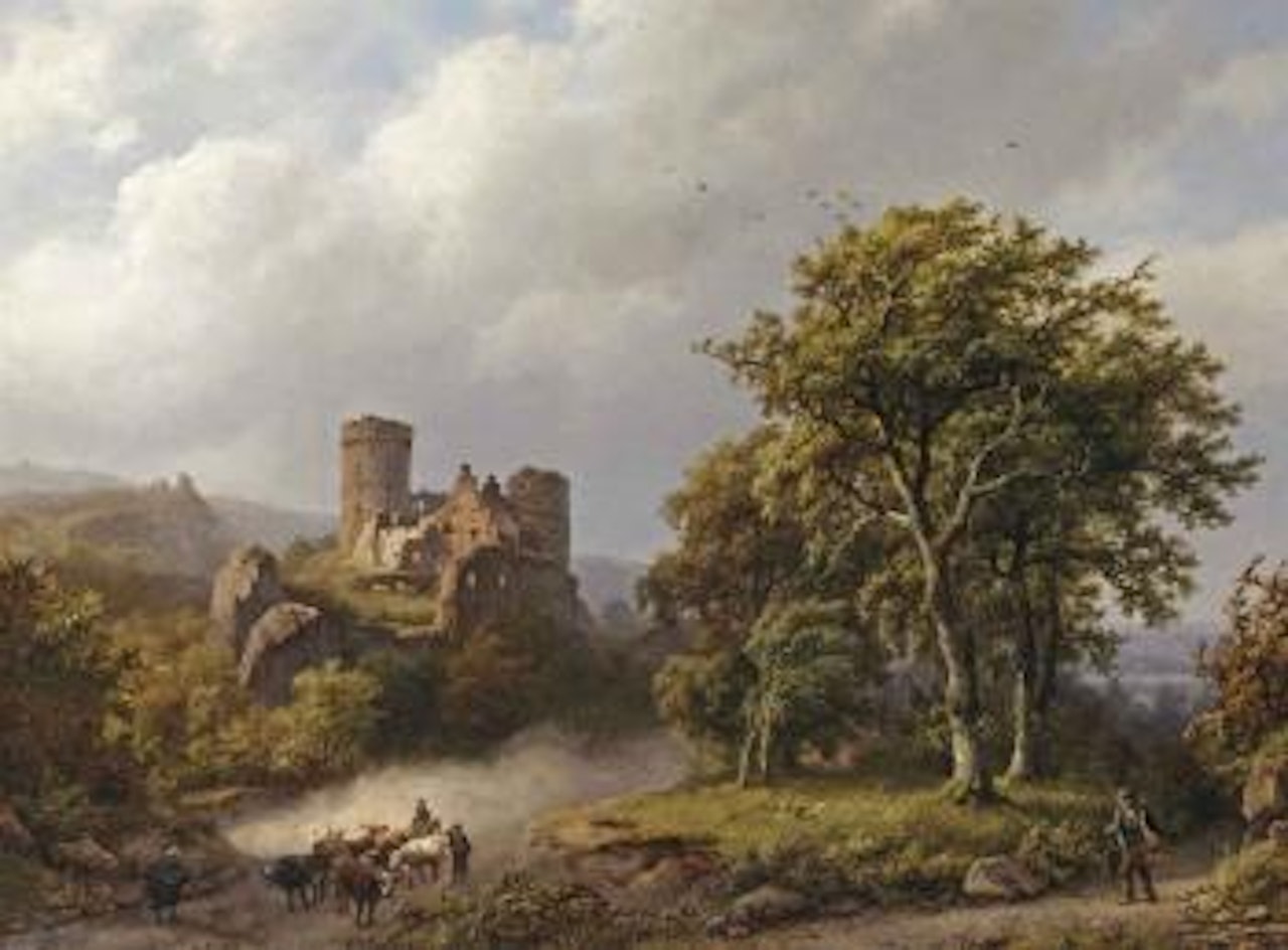 Figures and cattle on a path in a wooded landscape with a castle ruin beyond by Barend Cornelis Koekkoek