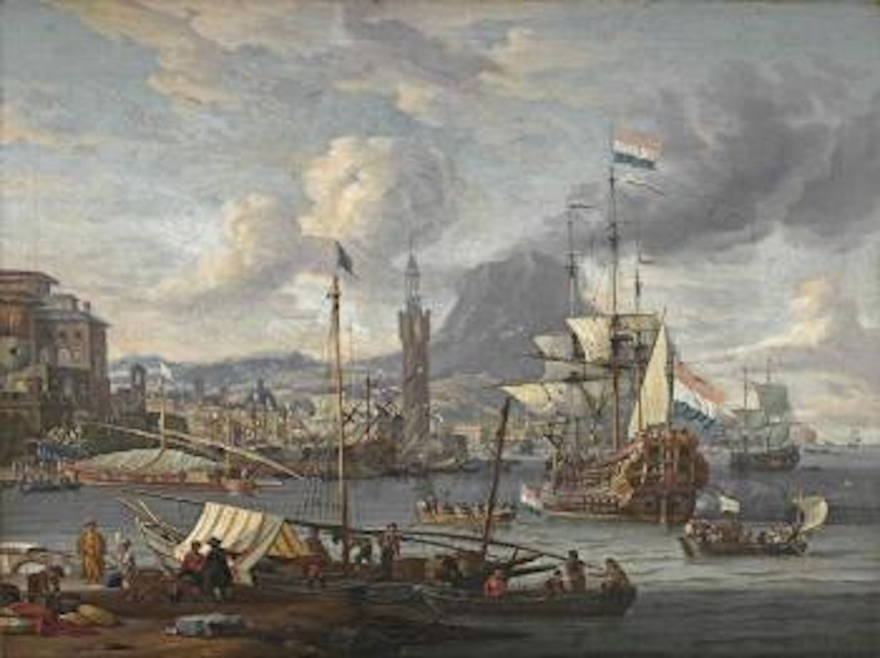 A capriccio of a mediterranean harbour with a Dutch three-master disembarking by Abraham Storck