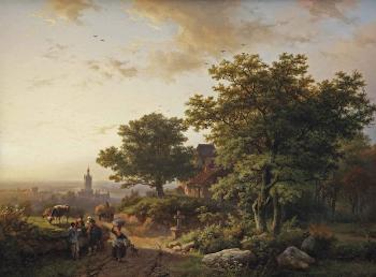 A mountainous landscape with a view on a town in the distance by Barend Cornelis Koekkoek