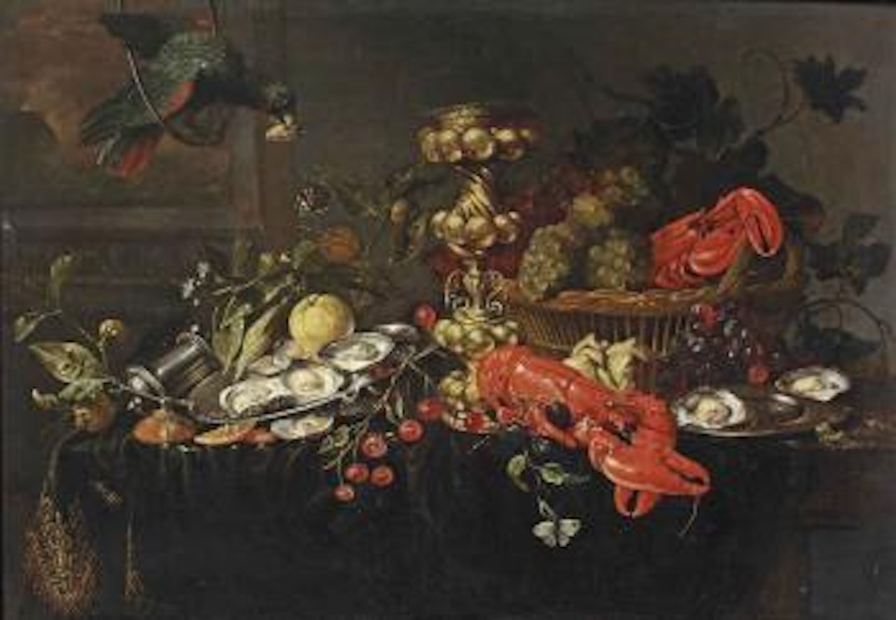 A lobster, oysters on a pewter dish, cherries, oranges and grapes in a wicker basket, butterflies and a bird hanging over a fully draped table by Jan Davidsz de Heem