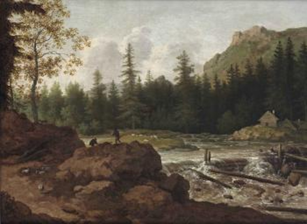 A Scandinavian river landscape with herdsmen on a rock by a waterfall by Allart van Everdingen