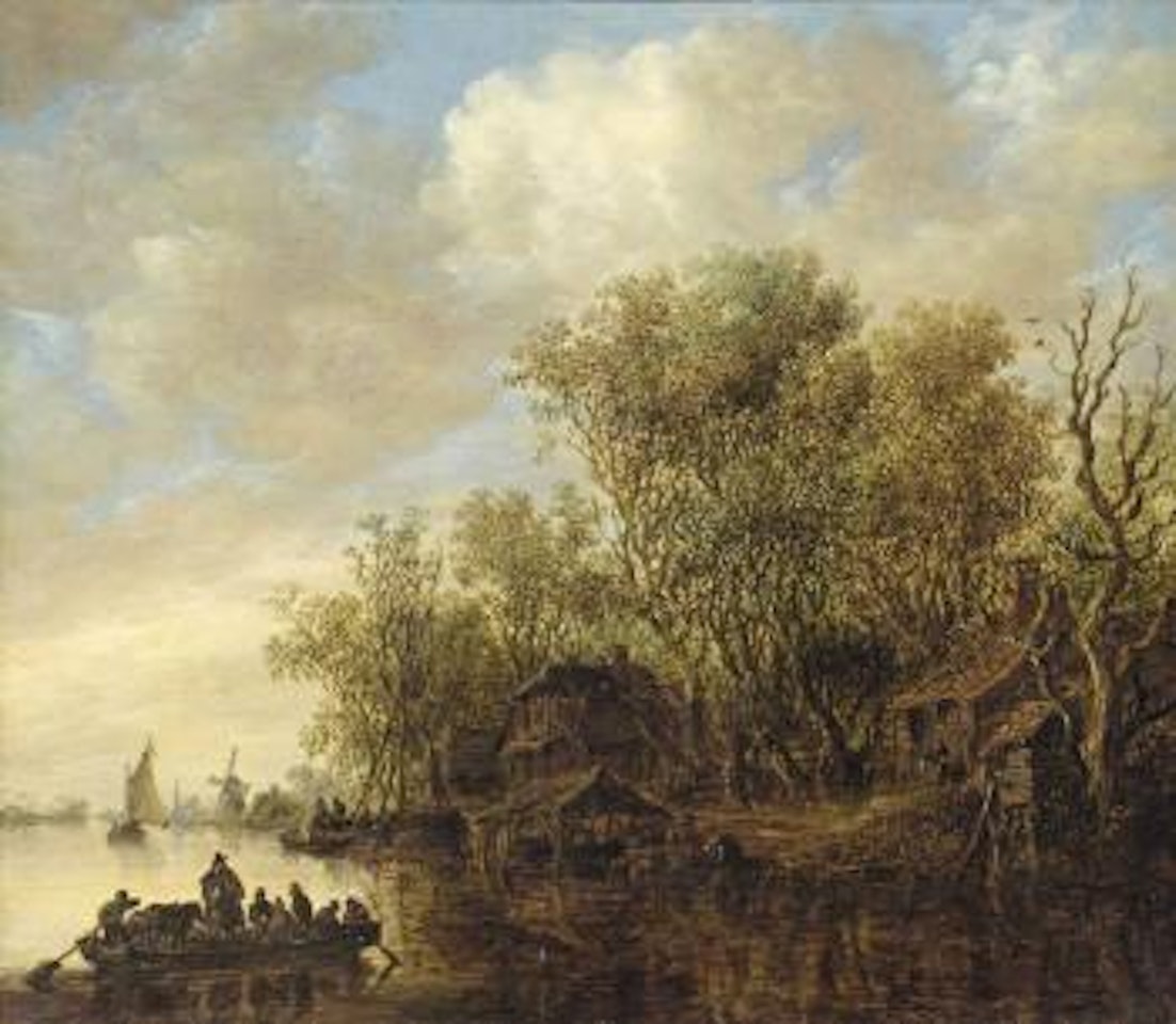A wooded river landscape with a ferry crossing the water, houses on the river bank and a windmill beyond by Jan van Goyen