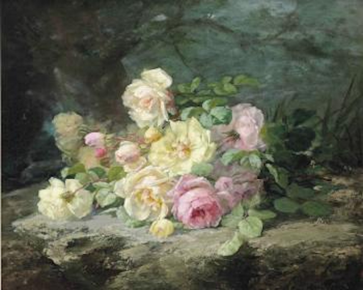White and pink roses on a forest floor by Margaretha Roosenboom