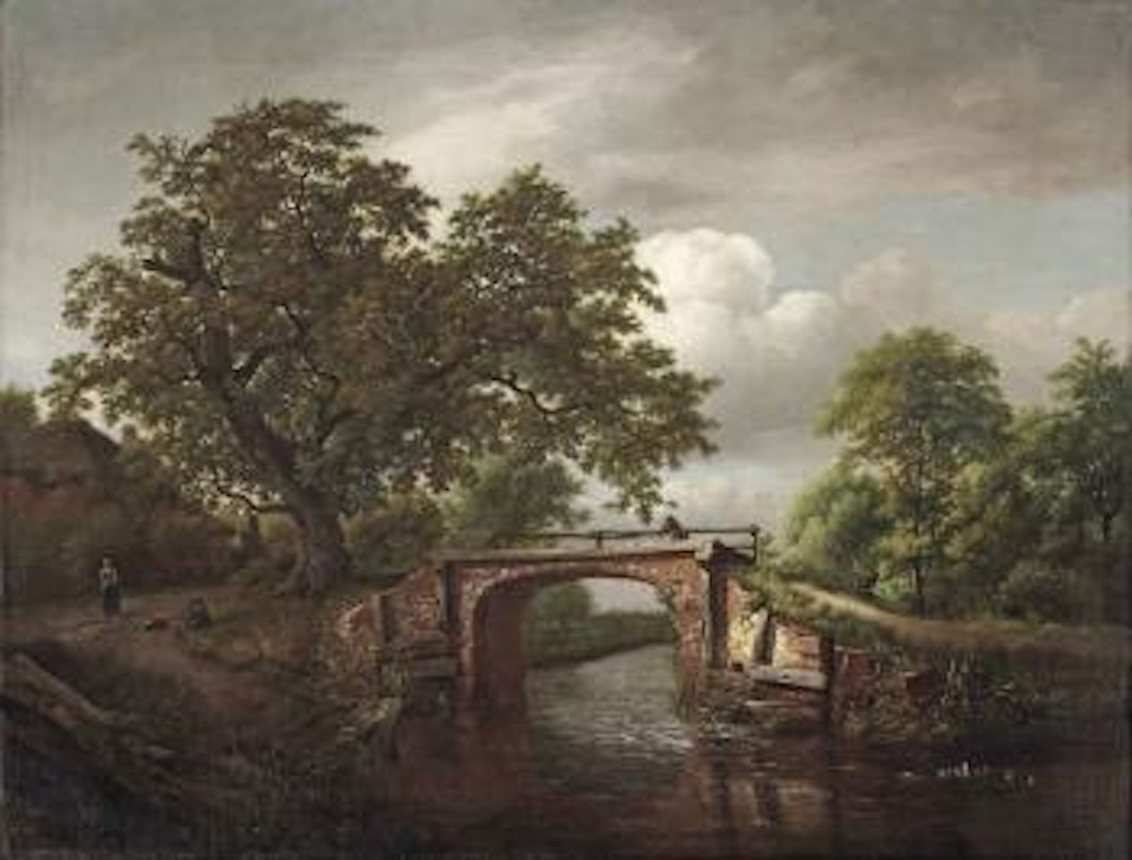 A wooded river landscape with a traveller crossing a stone bridge near an oak tree and a farm house by Jan Van Kessel The Elder