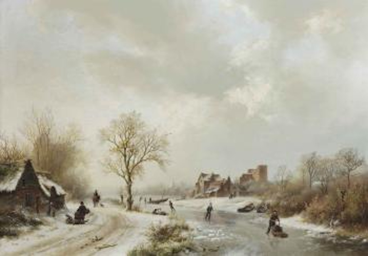 A winter landscape with figures on a path and skaters on a frozen waterway by Barend Cornelis Koekkoek