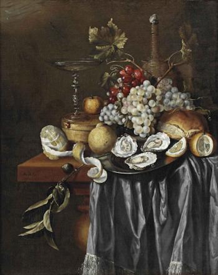 A peeled lemon, a Venetian glass, a clementine, blue and white grapes, lemons, oysters on a pewter plate, and a jug, all on a partially draped table by Jan Davidsz de Heem