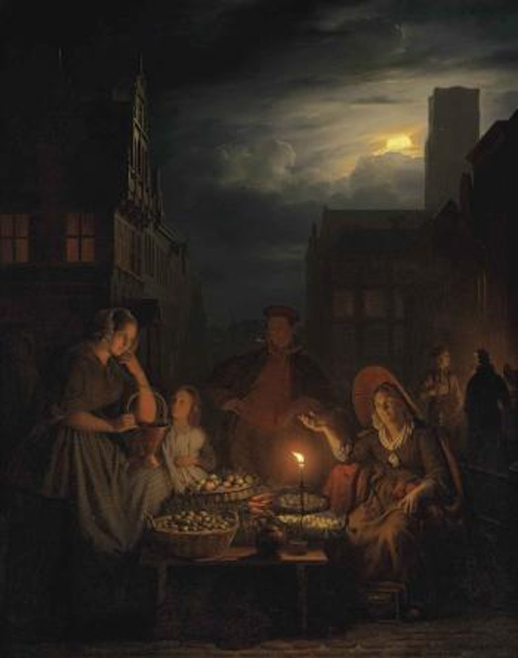 A nightmarket with a stallholder offering her wares by Petrus van Schendel