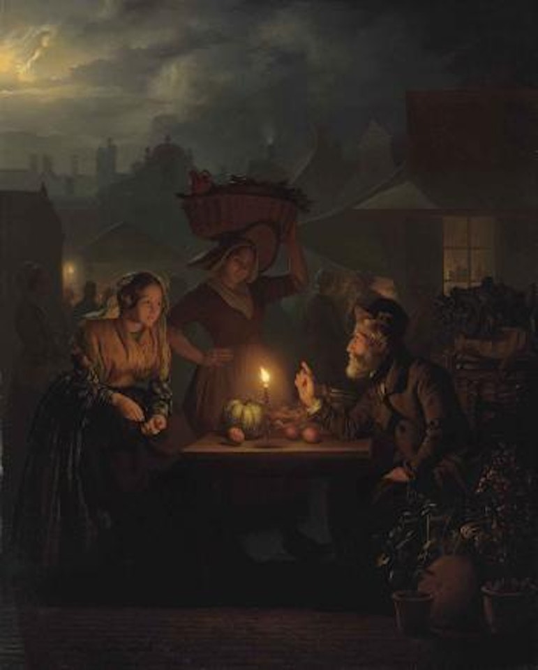 A stallholder with fruit, vegetables and flowers at a nightmarket by Petrus van Schendel