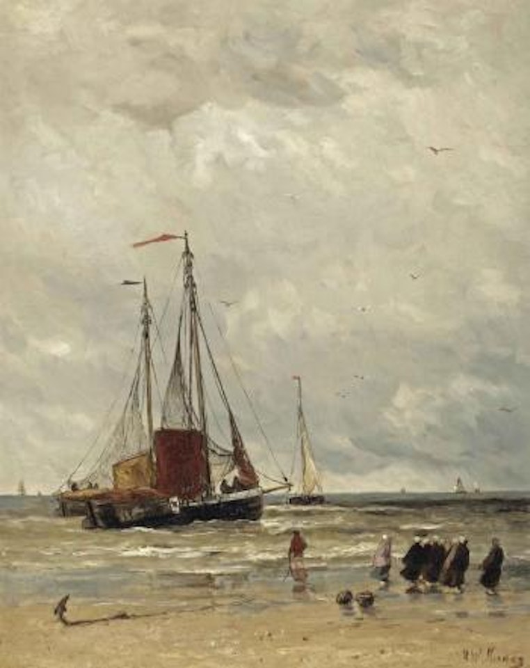 Fishing barges at low tide by Hendrik-Willem Mesdag