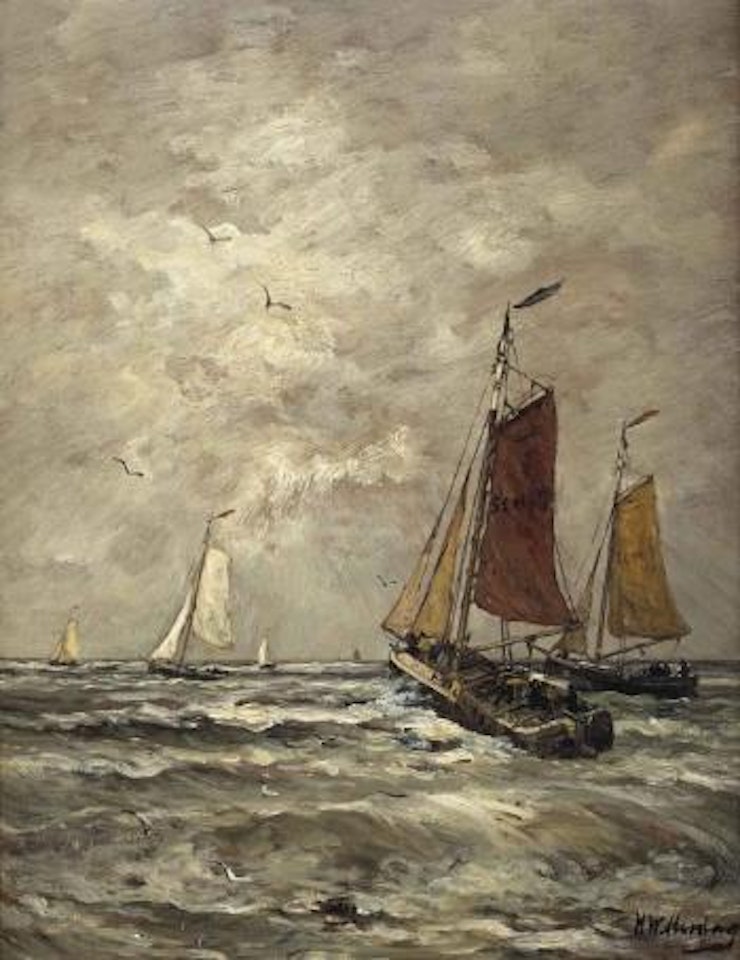 Bomschuiten in the surf, Scheveningen by Hendrik-Willem Mesdag