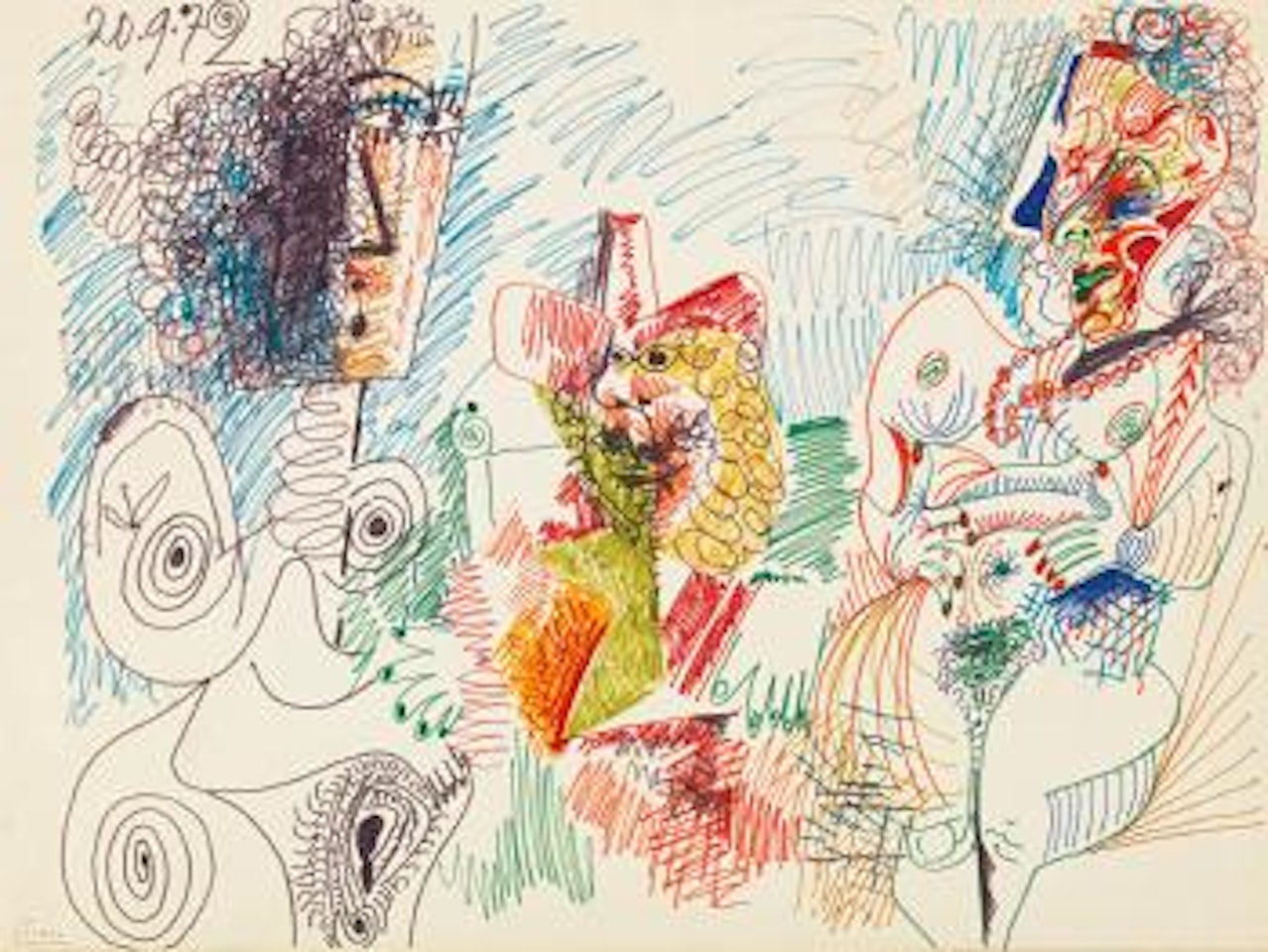 Trois Personnages (Recto) & Cinq Personnages (Verso): A Double-sided Drawing by Pablo Picasso