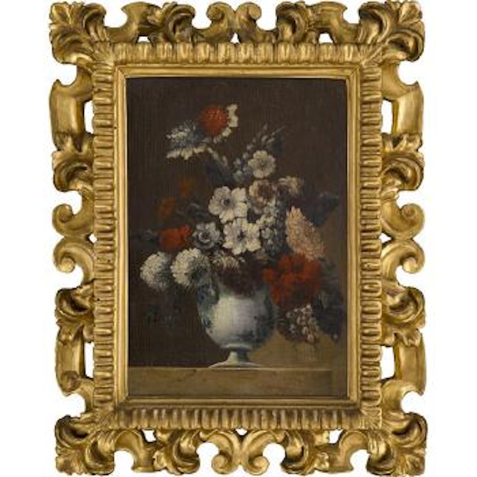 A still life of flowers in a porcelain vase on a ledge by Gasparo Lopez