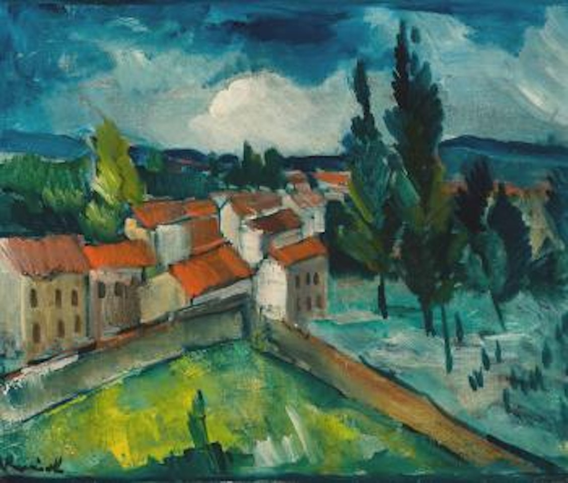 Groep huizen met rode daken bij een bosje by Maurice de Vlaminck