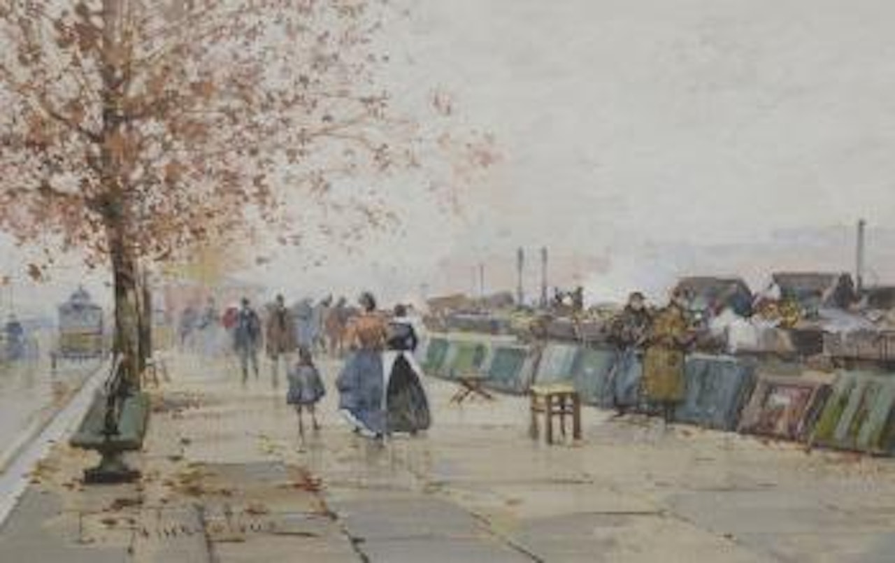 Paris, le quai des bouquinistes animé by Eugene Galien-Laloue