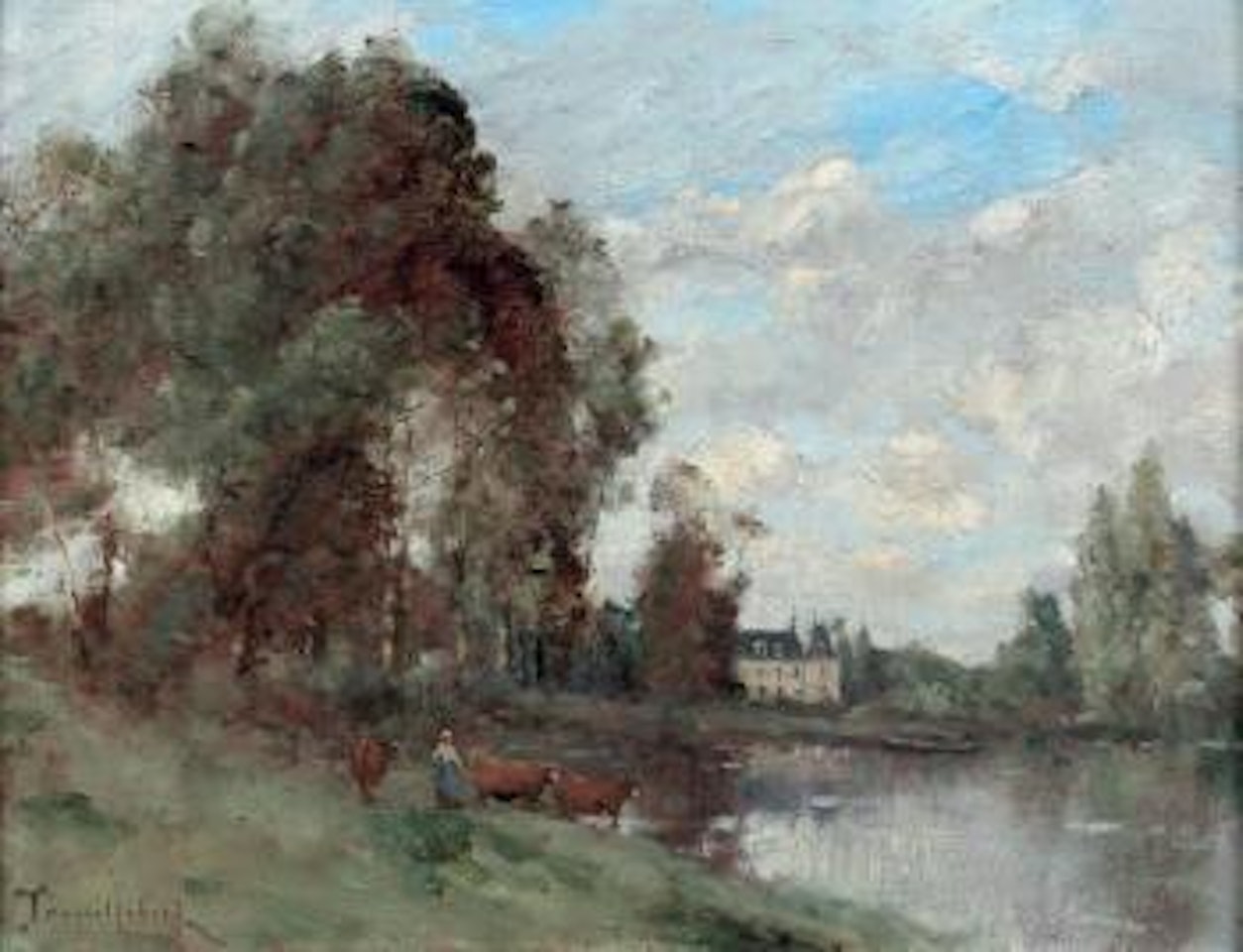 Troupeau de vaches près d'un étang, un château à l'horizon by Paul Désiré Trouillebert