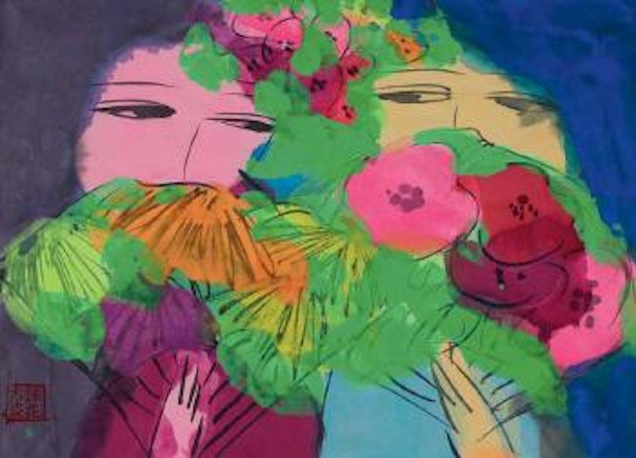 Two Beauties with Fan 拿扇的女人 by Walasse Ting