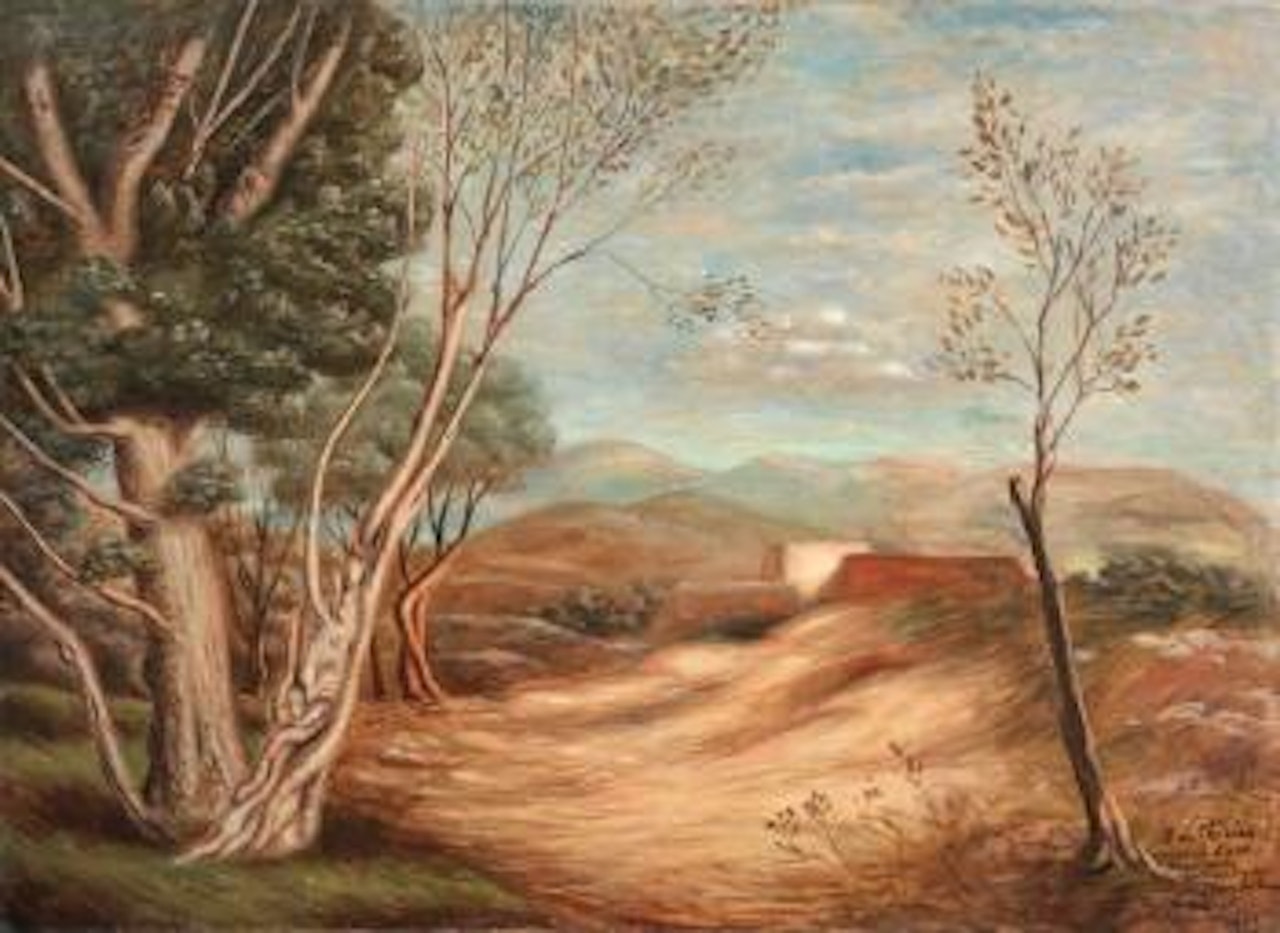 Sito mediterraneo, con alberi a sinistra e casolare in fondo by Giorgio de Chirico