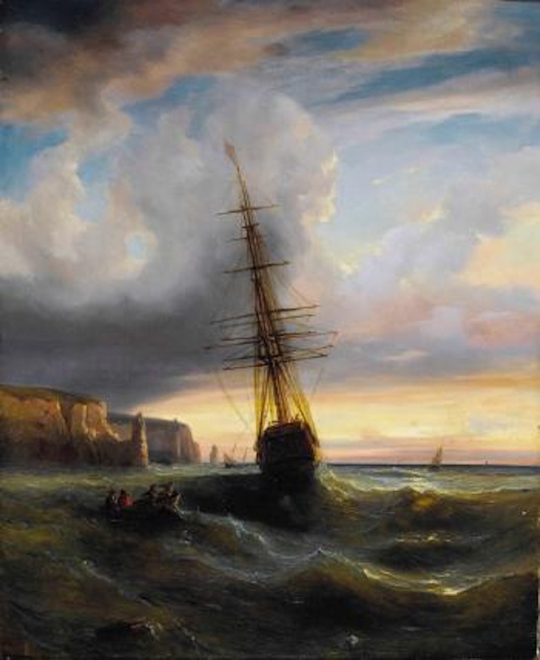 Felsige Meeresküste mit Segelschiff im Abendrot by Alexandre Calame