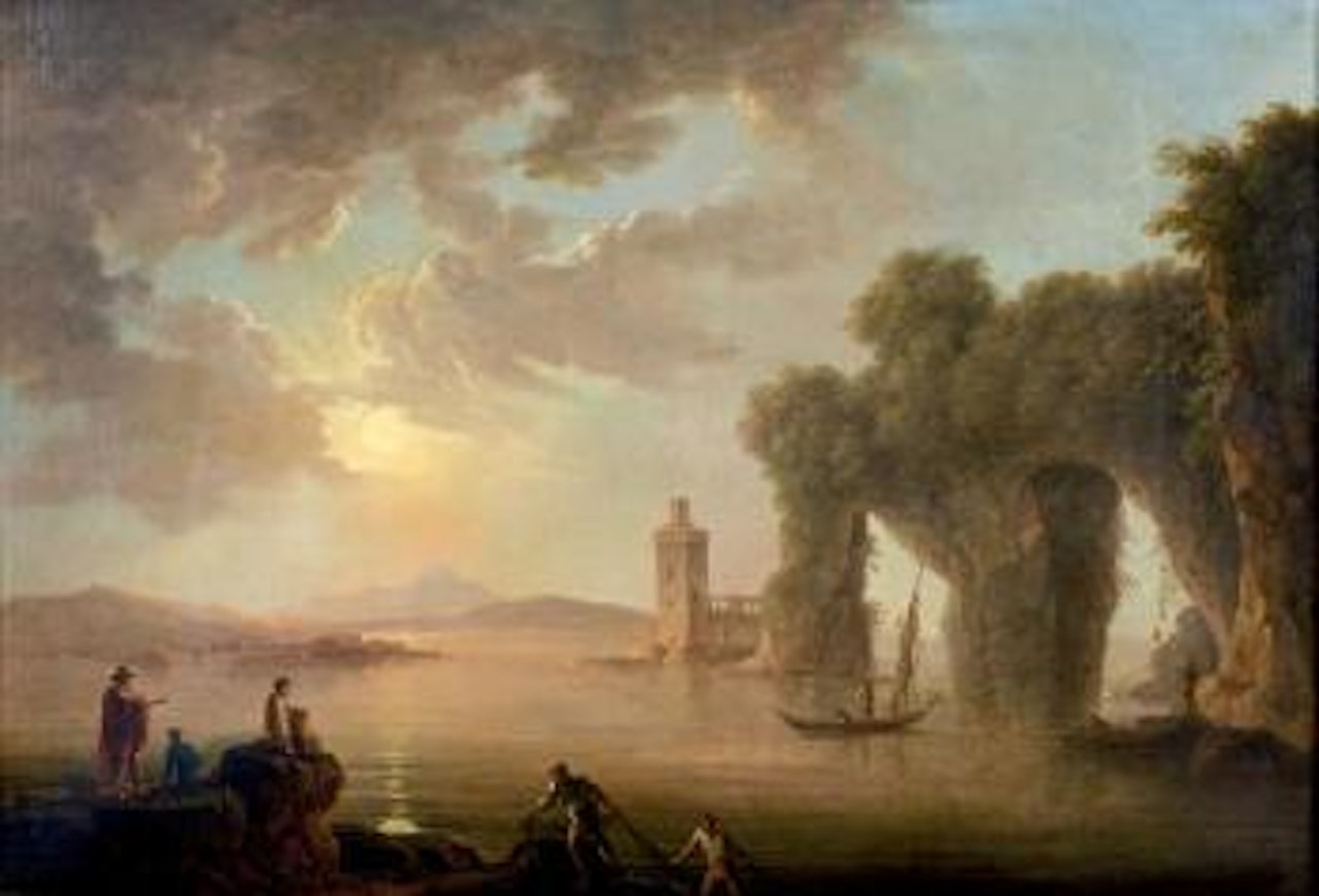 Rivage de la Méditerranée avec des ruines antiques. Pêcheur remontant des filets by Carlo Bonavia