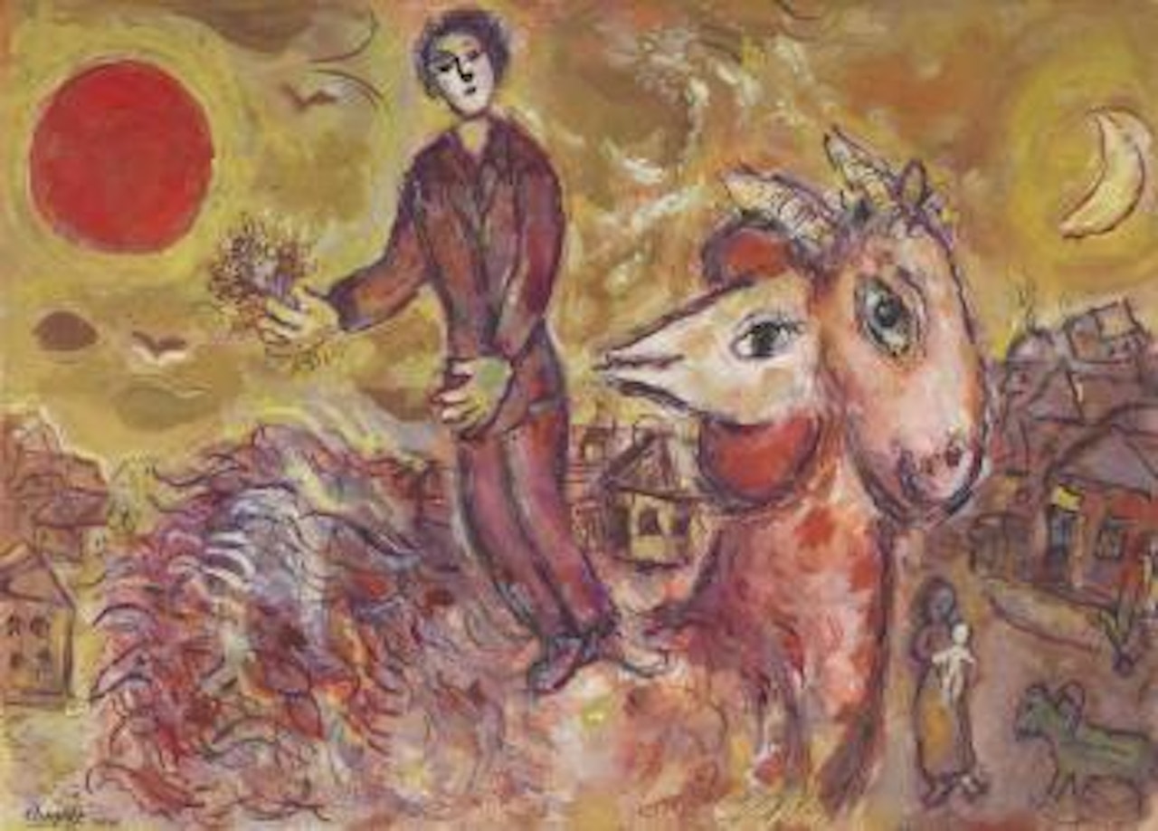 Coucher de soleil et coq au double-profil ou Le souvenir de la ville by Marc Chagall