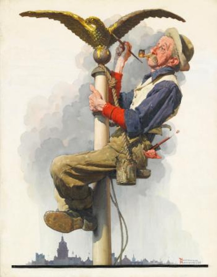Man Painting Flagpole (Gilding The Eagle) by Norman Rockwell