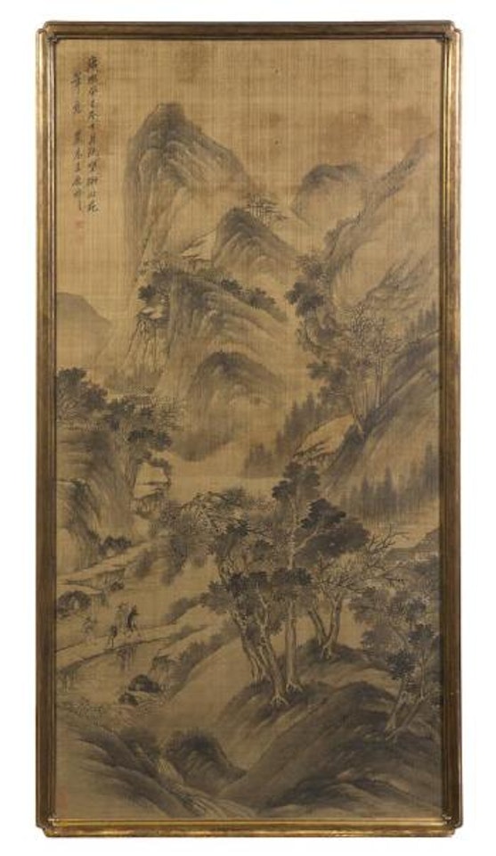 Two figures crossing a Bridge in a Mountainous Landscape with Trees by Wang Yuanqi