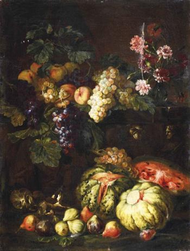 Nature morte aux fruits et bas-relief sculpté by Roman School