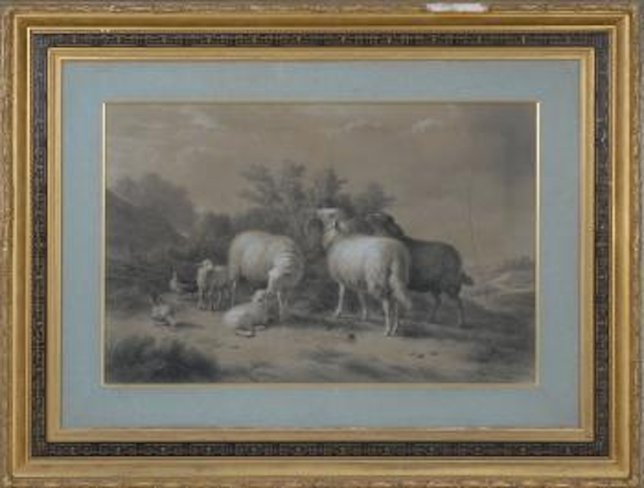 Sheep and chickens in a rustic setting by Eugène Joseph Verboeckhoven