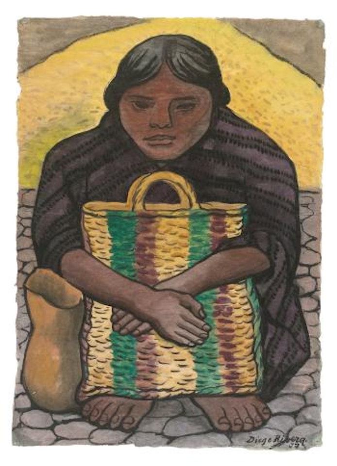 Mujer Con Morral Sentada De Frente by Diego Rivera