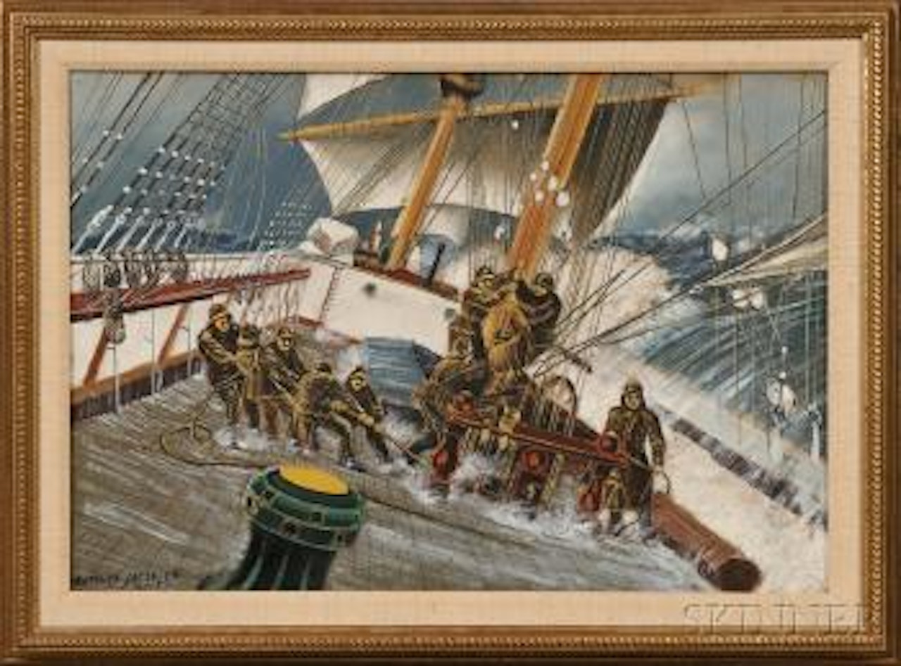 Sailors on deck in a gale by Antonio Jacobsen