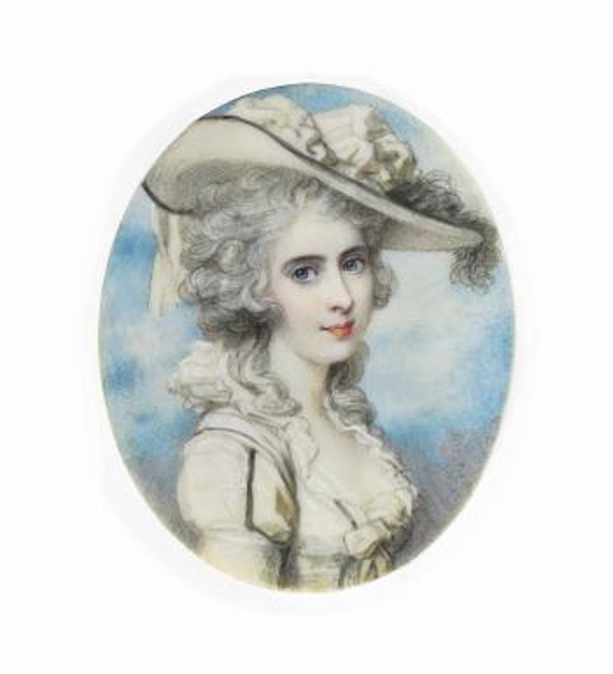 Maria Eleanor Villiers, née Forbes, Countess of Clarendon (1759- 1844), in décolleté white dress with lace collar, wearing a wide-brim hat decorated with ribbons and an ostrich plume; sky background by Richard Cosway