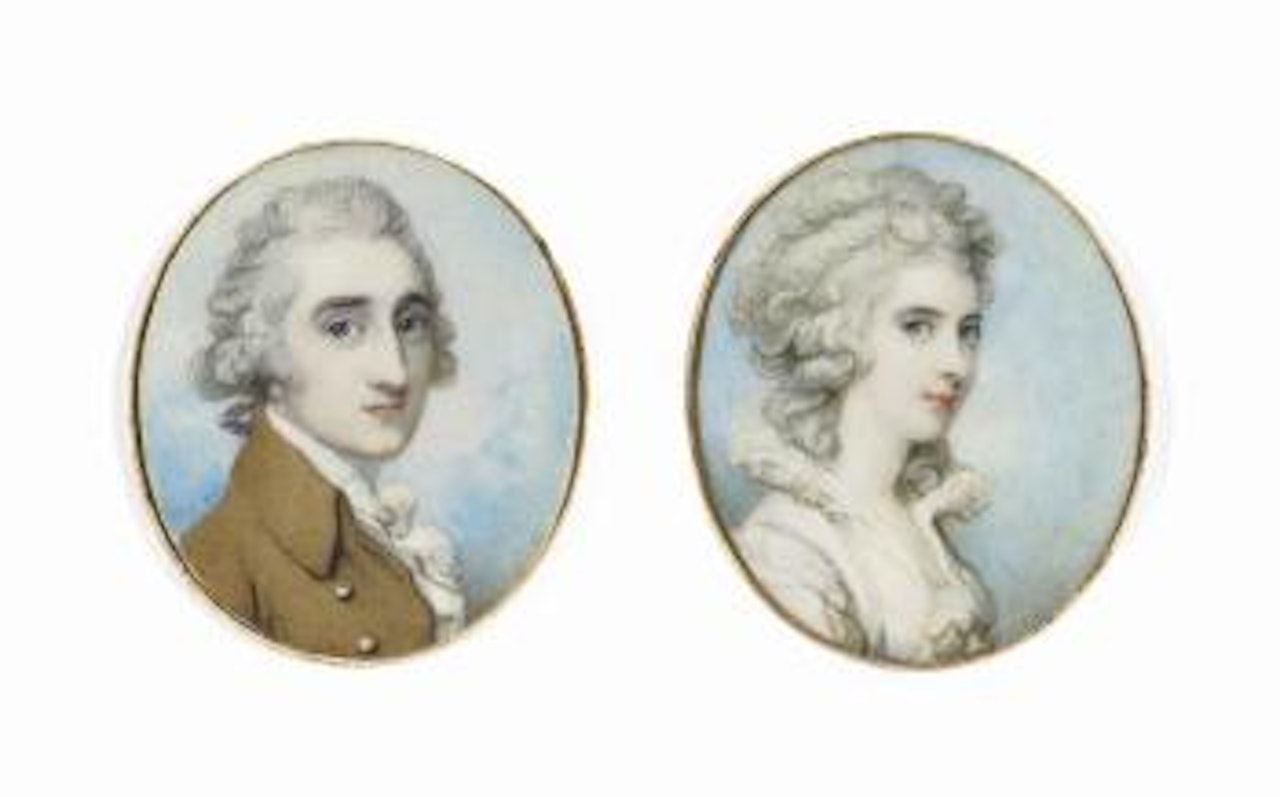 William Wellesley-Pole, Baron Maryborough and later 3rd Earl of Mornington (1763-1845), in brown coat, knotted white cravat, powdered hair; and his wife, Katherine Elizabeth, née Forbes, in white dress with upstand collar, powdered curling hair by Richard Cosway