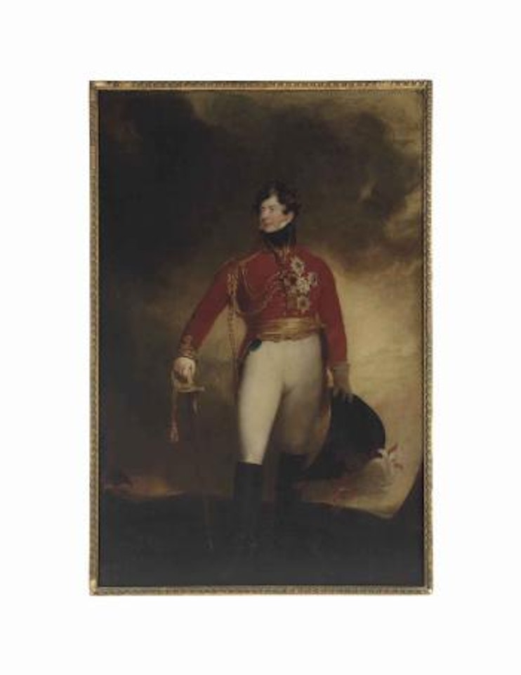 Portrait of The Prince Regent, later George IV (1762-1830), full-length, in military uniform, his right hand resting on the hilt of his sword, in a landscape by Sir Thomas Lawrence