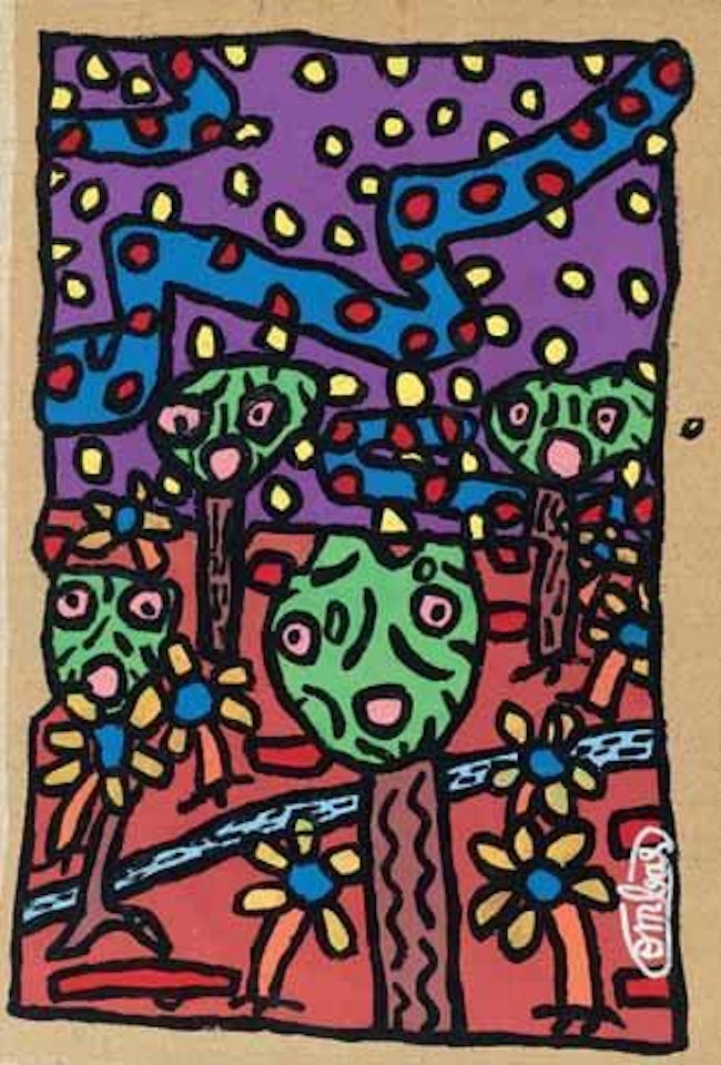 Paysage avec arbres débilement enfantins qui ressemblent à des sucettes by Robert Combas