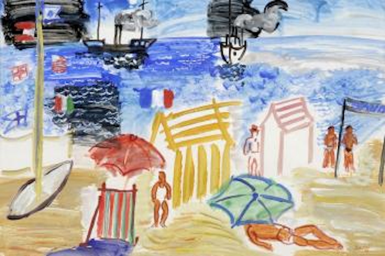 Beach scene with figures beside bathing huts by Carlos Nadal