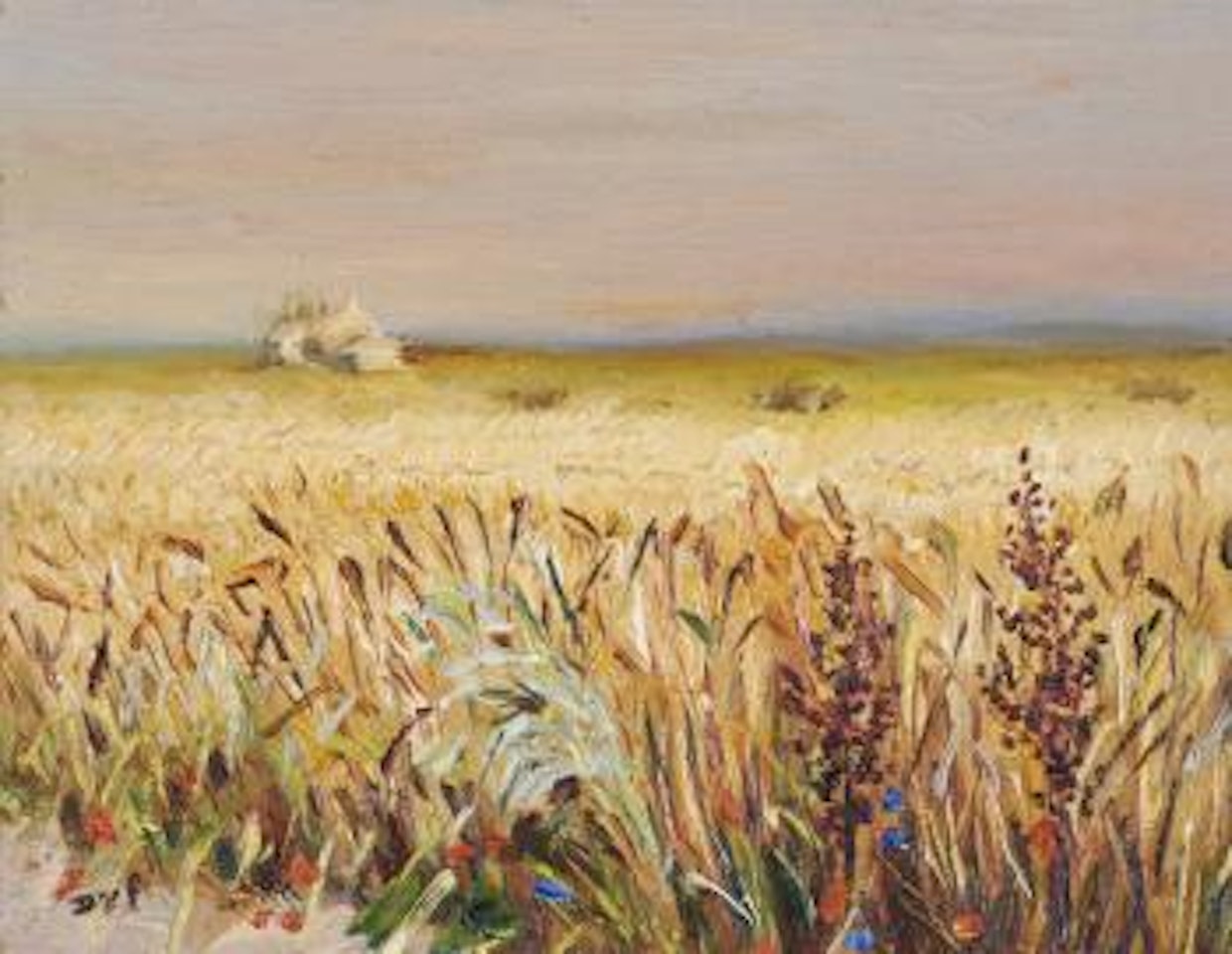 A summer landscape with a hayfield and wild flowers by Marcel Dyf