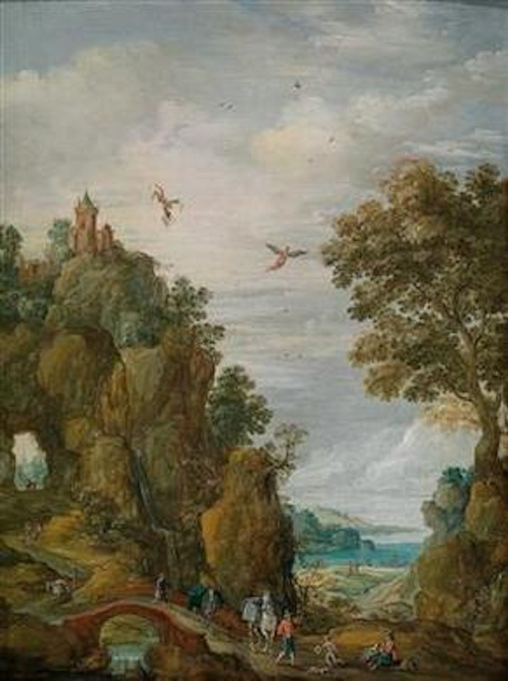 A pair of mountainous river landscapes with numerous figures and the Fall of Icarus by Tobias Verhaecht