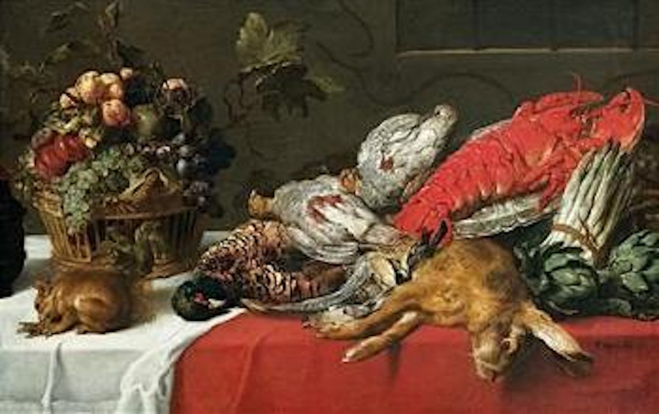 A basket of fruit with game, vegetables, and a squirrel by Frans Snyders