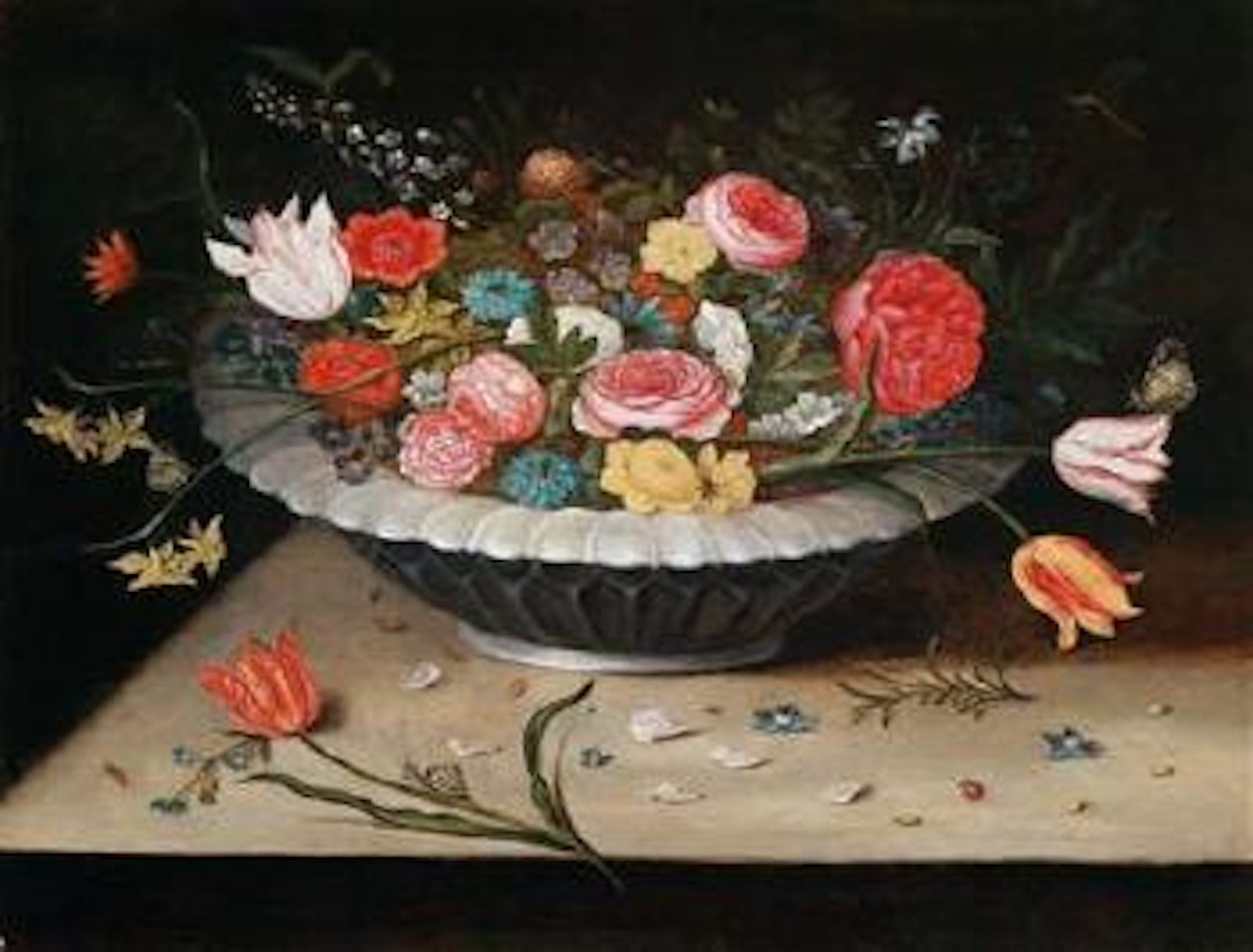 A bowl with tulips, roses and narcissi by Jan Brueghel the Younger