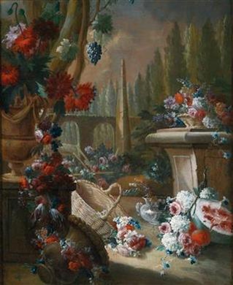 Flower and fruit still life in a park landscape by Gasparo Lopez